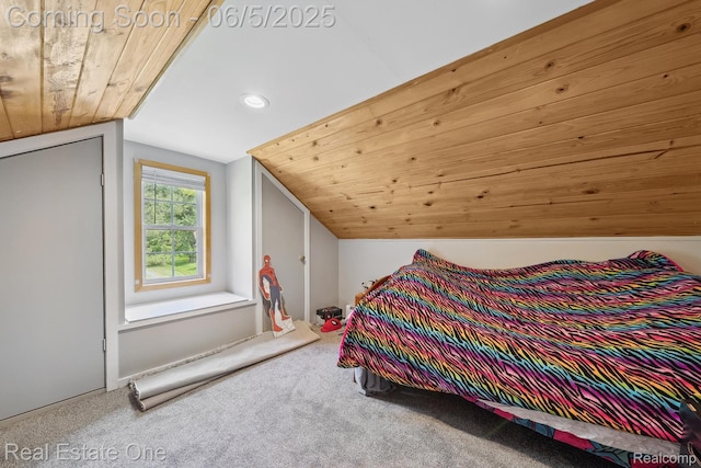 8921 Lake Rd, Grosse Ile, MI 48138 - carpeted bedroom with vaulted ceiling, wooden ceiling, and recessed lighting