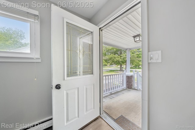 8921 Lake Rd, Grosse Ile, MI 48138 - doorway to outside with a baseboard heating unit, healthy amount of natural light, and wood finished floors
