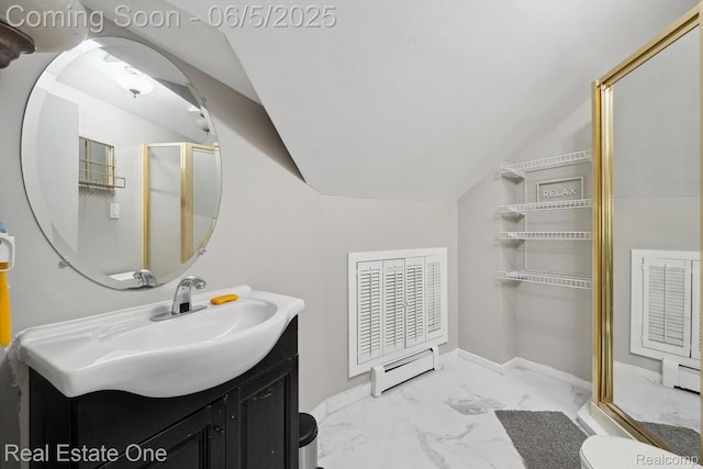 8921 Lake Rd, Grosse Ile, MI 48138 - full bath with vaulted ceiling, vanity, a baseboard radiator, marble finish flooring, and a stall shower