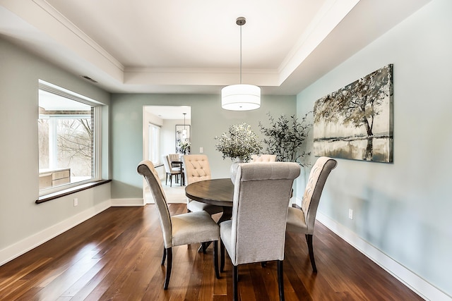 3000 Glazier Way Unit 130, Ann Arbor, MI 48105 - dining space featuring ornamental molding, a tray ceiling, dark wood-type flooring, and baseboards