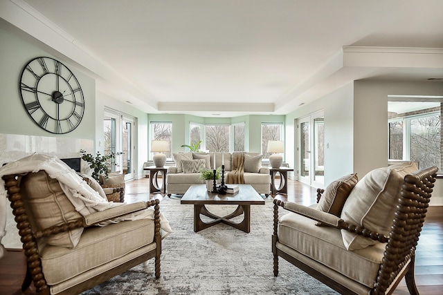 3000 Glazier Way Unit 130, Ann Arbor, MI 48105 - living room featuring a tray ceiling, wood finished floors, and a fireplace