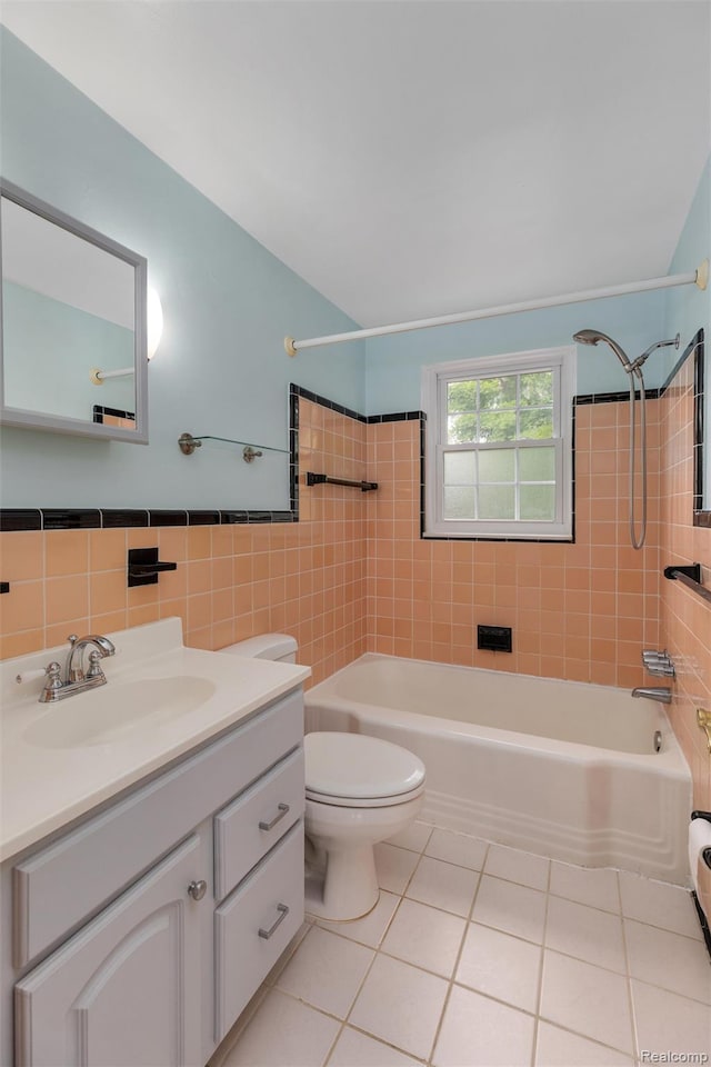 22953 Allen Rd, Saint Clair Shores, MI 48080 - bathroom featuring tile patterned flooring, tile walls, tub / shower combination, and vanity