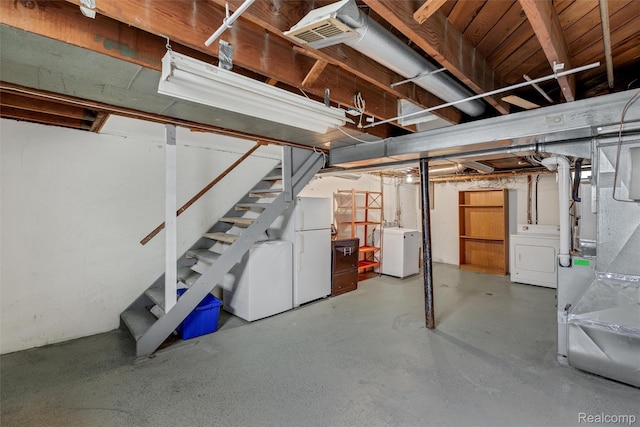 22953 Allen Rd, Saint Clair Shores, MI 48080 - unfinished basement featuring independent washer and dryer, stairway, freestanding refrigerator, and heating unit