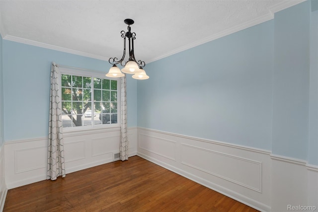 22953 Allen Rd, Saint Clair Shores, MI 48080 - empty room with a wainscoted wall, dark wood-style floors, crown molding, and a chandelier