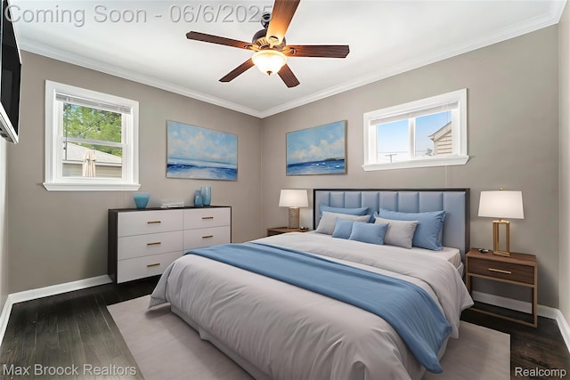 401 N Minerva Ave, Royal Oak, MI 48067 - bedroom with baseboards, wood finished floors, ornamental molding, and a ceiling fan