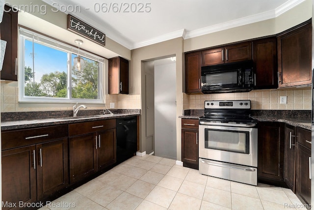 401 N Minerva Ave, Royal Oak, MI 48067 - kitchen with black appliances, ornamental molding, light tile patterned flooring, backsplash, and dark brown cabinets
