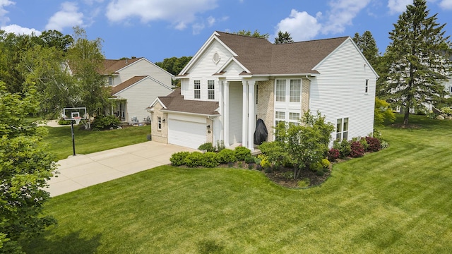 6533 Cannon Farms Dr NE, Rockford, MI 49341 - greek revival house with concrete driveway, a garage, a front yard, and a shingled roof