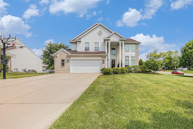6533 Cannon Farms Dr NE, Rockford, MI 49341 - neoclassical home featuring brick siding, a garage, a front yard, driveway, and central air condition unit