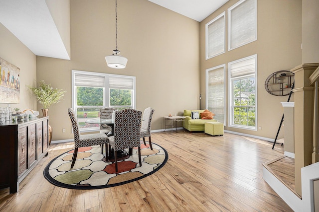 6533 Cannon Farms Dr NE, Rockford, MI 49341 - dining space with high vaulted ceiling, healthy amount of natural light, light wood-type flooring, and baseboards
