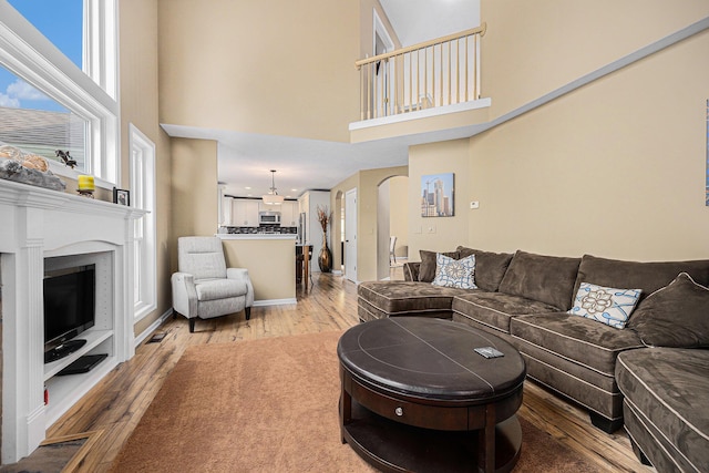 6533 Cannon Farms Dr NE, Rockford, MI 49341 - living area featuring light wood-style flooring, a high ceiling, and a fireplace