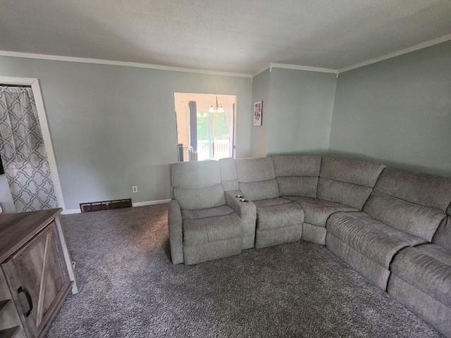 661 W Michigan Rd, Twin Lake, MI 49457 - carpeted living room with ornamental molding, a chandelier, and baseboards