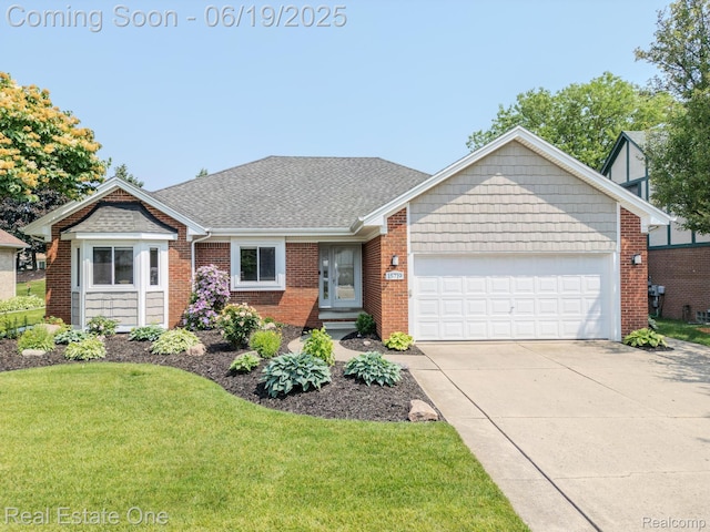 15719 Greenview, Fraser, MI 48026 - view of front facade featuring an attached garage, driveway, a front lawn, brick siding, and a shingled roof