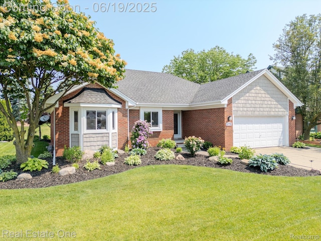 15719 Greenview, Fraser, MI 48026 - view of front of home with a garage, a front lawn, brick siding, concrete driveway, and a shingled roof