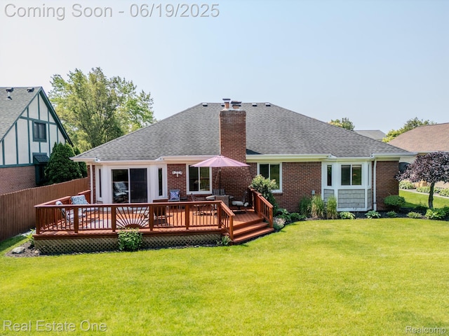 15719 Greenview, Fraser, MI 48026 - back of house with a chimney, roof with shingles, a wooden deck, and brick siding