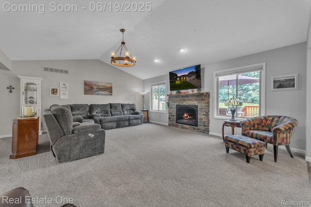 15719 Greenview, Fraser, MI 48026 - carpeted living area featuring a chandelier, lofted ceiling, a fireplace, and recessed lighting