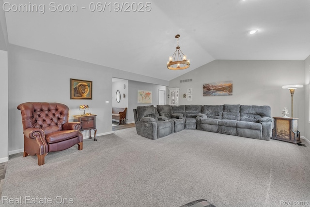 15719 Greenview, Fraser, MI 48026 - carpeted living area featuring a chandelier and vaulted ceiling