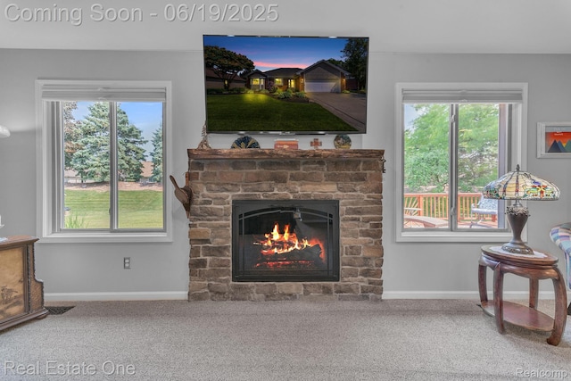 15719 Greenview, Fraser, MI 48026 - living room featuring a fireplace, carpet flooring, and plenty of natural light
