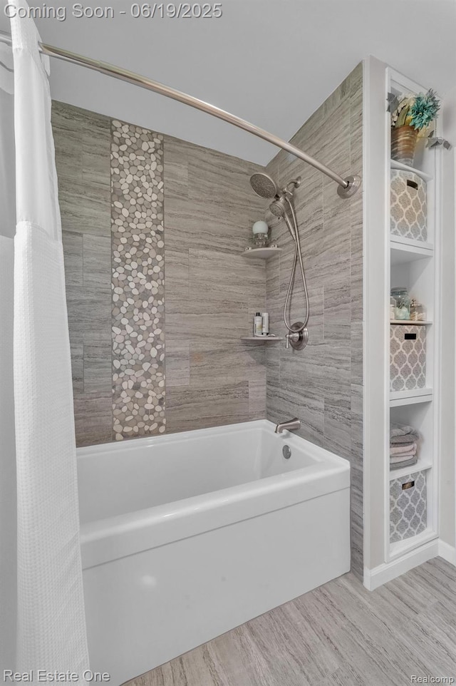 15719 Greenview, Fraser, MI 48026 - bathroom featuring shower / bath combination with curtain and wood finished floors