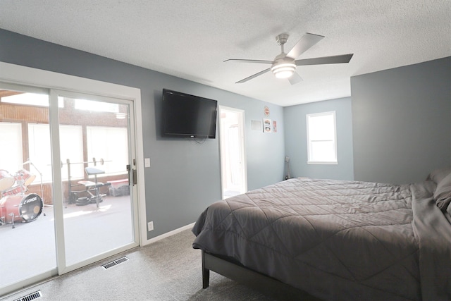 2524 N Mckinley Rd, Flushing, MI 48433 - bedroom with a textured ceiling, a ceiling fan, access to exterior, baseboards, and carpet flooring