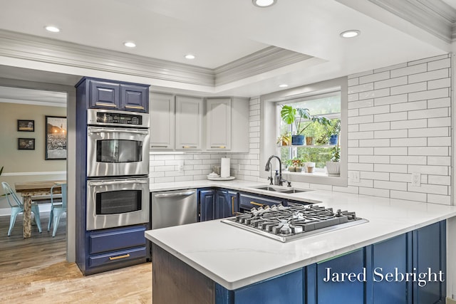 6872 Forest Valley Dr SE, Grand Rapids, MI 49546 - kitchen featuring blue cabinets, stainless steel appliances, ornamental molding, a sink, and light wood-style floors