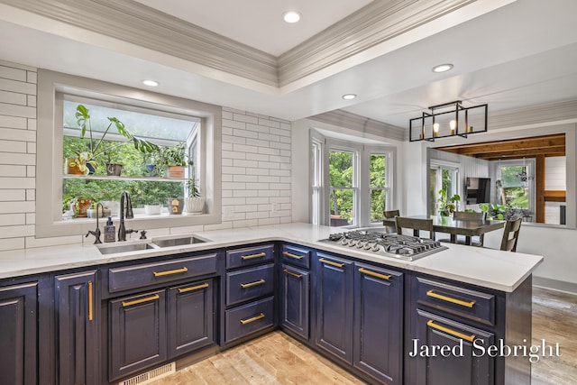 6872 Forest Valley Dr SE, Grand Rapids, MI 49546 - kitchen with a sink, stainless steel gas cooktop, plenty of natural light, ornamental molding, and light wood finished floors