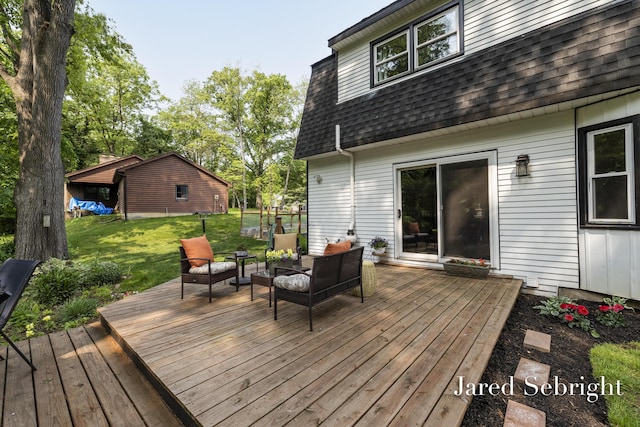 6872 Forest Valley Dr SE, Grand Rapids, MI 49546 - wooden deck featuring an outdoor hangout area and a lawn
