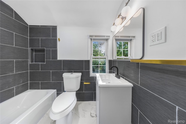 3951 Devonshire Rd, Detroit, MI 48224 - bathroom featuring tile walls, marble finish flooring, vanity, toilet, and wainscoting