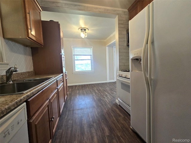 29263 Barton St, Garden City, MI 48135 - kitchen featuring white appliances, crown molding, dark wood-style floors, and dark countertops