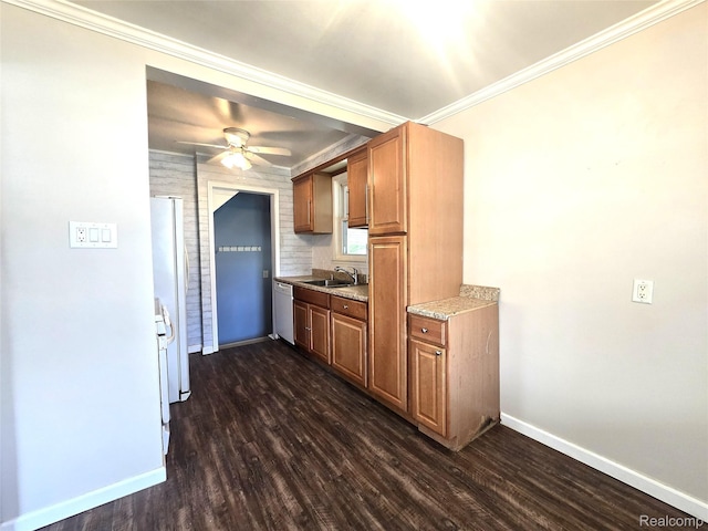 29263 Barton St, Garden City, MI 48135 - kitchen with white appliances, dark wood-style flooring, brown cabinets, ceiling fan, and crown molding