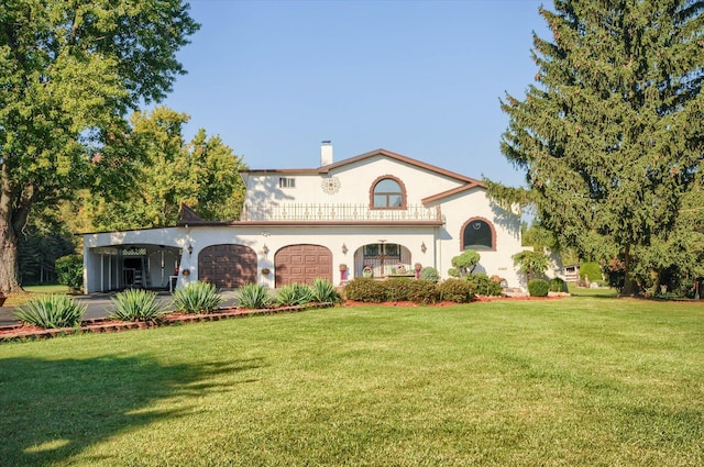 5379 N Irish Rd, Davison, MI 48423 - mediterranean / spanish home with a garage, a front lawn, stucco siding, and a chimney