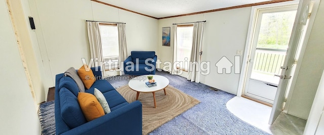 8326 S Delaware Ave, Baldwin, MI 49304 - living area with crown molding, vaulted ceiling, plenty of natural light, carpet floors, and a textured ceiling
