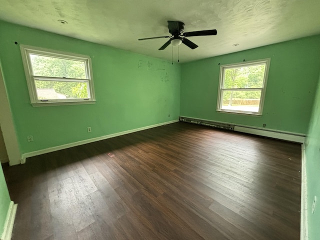 1965 E Kimmel Rd, Jackson, MI 49201 - unfurnished room with baseboard heating, dark wood-style flooring, baseboards, and a ceiling fan