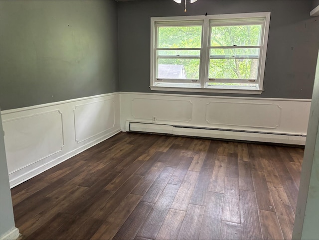 1965 E Kimmel Rd, Jackson, MI 49201 - unfurnished room featuring baseboard heating, a wainscoted wall, and dark wood finished floors