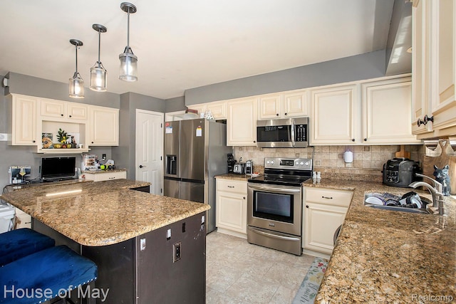47951 Picadilly Ct, Canton, MI 48187 - kitchen with appliances with stainless steel finishes, a sink, decorative backsplash, a center island, and light stone counters