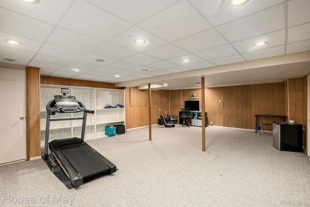47951 Picadilly Ct, Canton, MI 48187 - workout area with carpet, wood walls, a drop ceiling, and baseboards