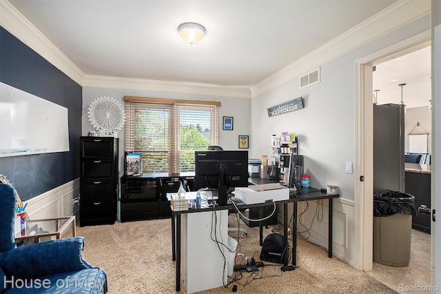 47951 Picadilly Ct, Canton, MI 48187 - office area featuring crown molding, light colored carpet, and a wainscoted wall