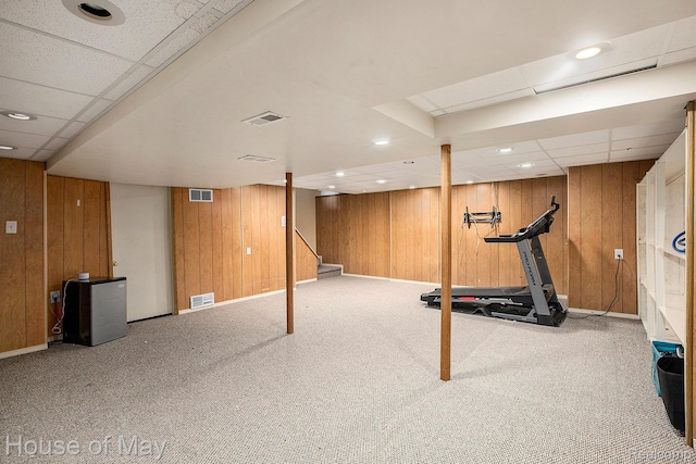 47951 Picadilly Ct, Canton, MI 48187 - exercise area featuring wood walls, carpet, baseboards, a drop ceiling, and recessed lighting
