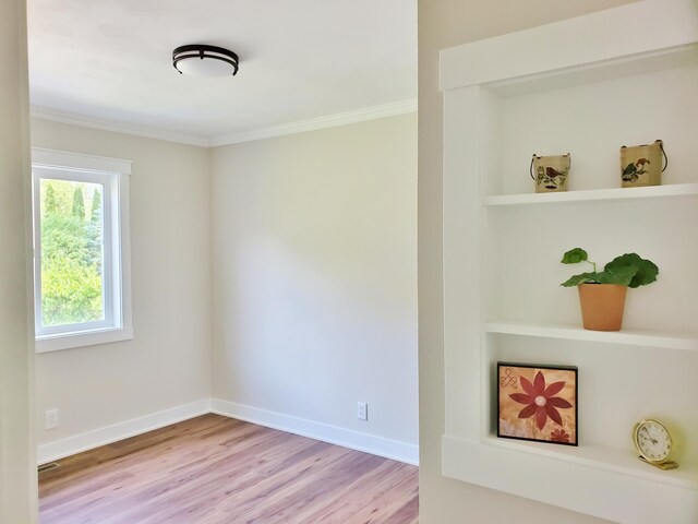 121 S Marshall St, New Buffalo, MI 49117 - empty room featuring ornamental molding, light wood-type flooring, baseboards, and built in features