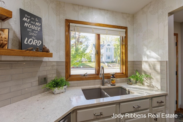 226 Sunset Ave NW, Grand Rapids, MI 49504 - kitchen with a sink, white cabinetry, wallpapered walls, decorative backsplash, and light stone counters