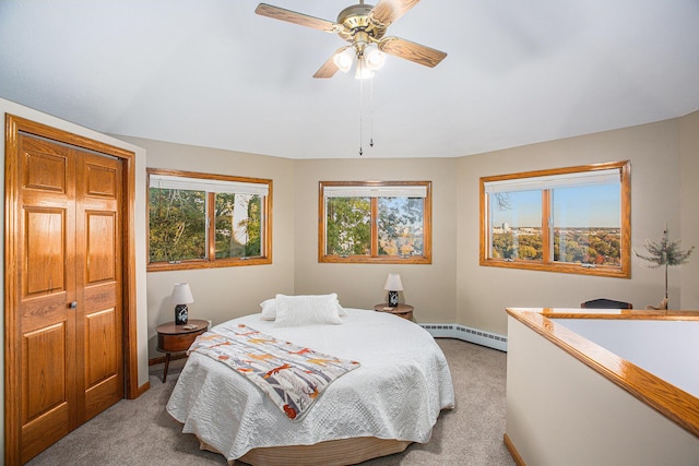 226 Sunset Ave NW, Grand Rapids, MI 49504 - bedroom featuring light carpet, a baseboard radiator, baseboards, and ceiling fan