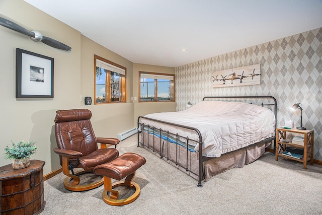 226 Sunset Ave NW, Grand Rapids, MI 49504 - bedroom featuring baseboards, wallpapered walls, carpet, and a baseboard radiator