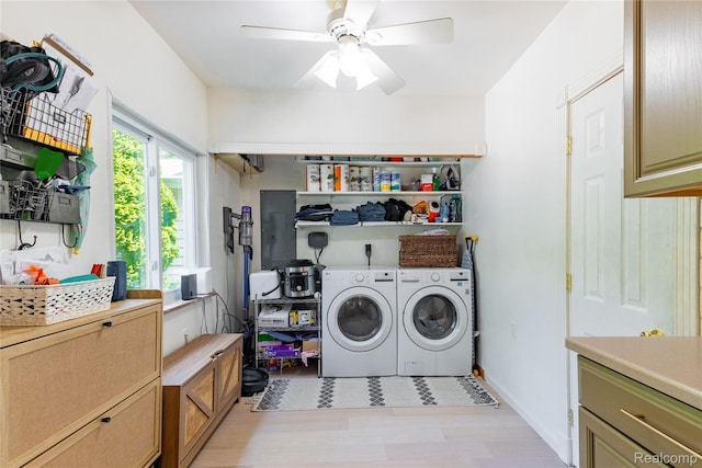 29899 E River Rd, Grosse Ile, MI 48138 - laundry room featuring washer and dryer, electric panel, light wood-type flooring, and ceiling fan