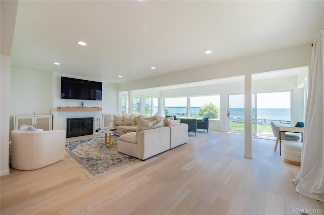 29899 E River Rd, Grosse Ile, MI 48138 - living area featuring light wood finished floors, a tiled fireplace, and recessed lighting