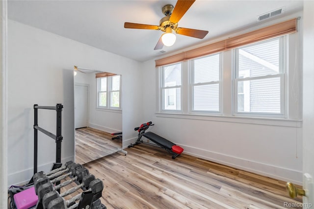 29899 E River Rd, Grosse Ile, MI 48138 - exercise room with ceiling fan, light wood-style flooring, and baseboards