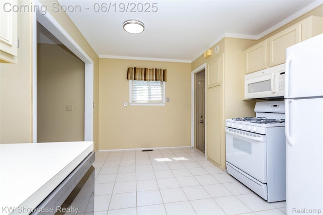 30731 Middlebury St, Westland, MI 48186 - kitchen featuring white appliances, light tile patterned flooring, and ornamental molding