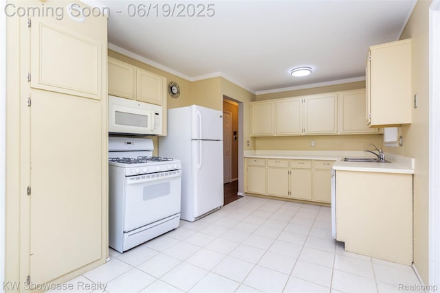 30731 Middlebury St, Westland, MI 48186 - kitchen featuring white appliances, light countertops, cream cabinets, and ornamental molding