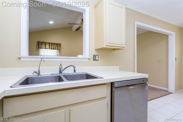 30731 Middlebury St, Westland, MI 48186 - kitchen featuring stainless steel dishwasher, lofted ceiling, a ceiling fan, light tile patterned flooring, and light countertops