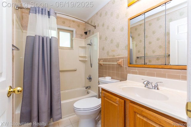 30731 Middlebury St, Westland, MI 48186 - full bathroom featuring shower / tub combo, vanity, wallpapered walls, tile walls, and a wainscoted wall