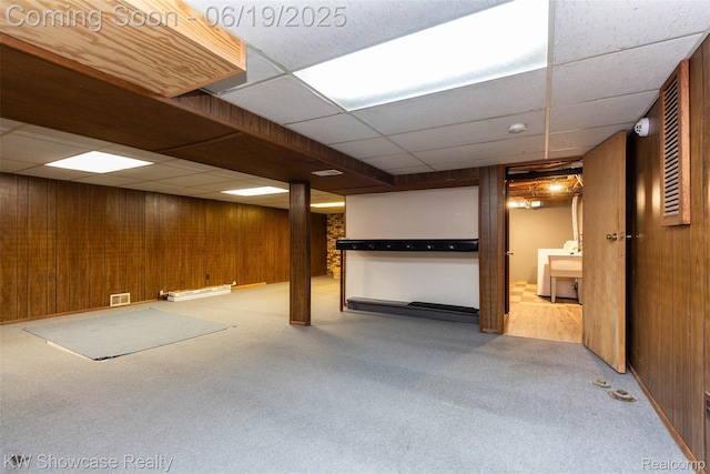 30731 Middlebury St, Westland, MI 48186 - finished basement with carpet floors, a drop ceiling, wooden walls, and washer / dryer