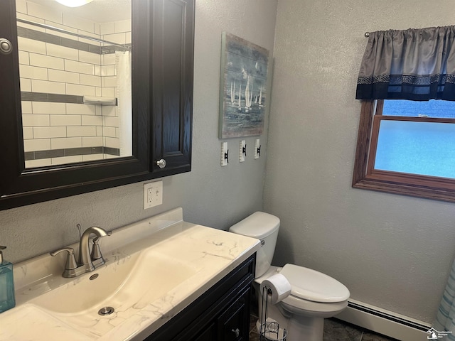 3117 Morin Point St, Erie, MI 48133 - bathroom with baseboard heating, a textured wall, vanity, toilet, and curtained shower